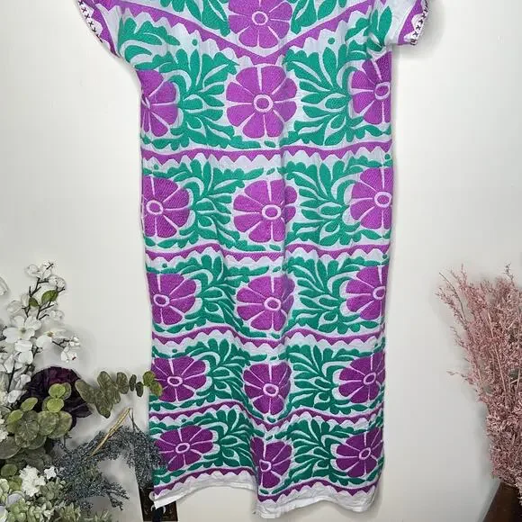 NIMO WITH LOVE Sorrento Kaftan Midi Dress Embroidered Purple Green {3V32} Women